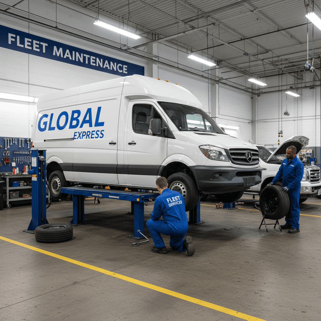 commercial van getting tire inspection at fleet maintenance garage