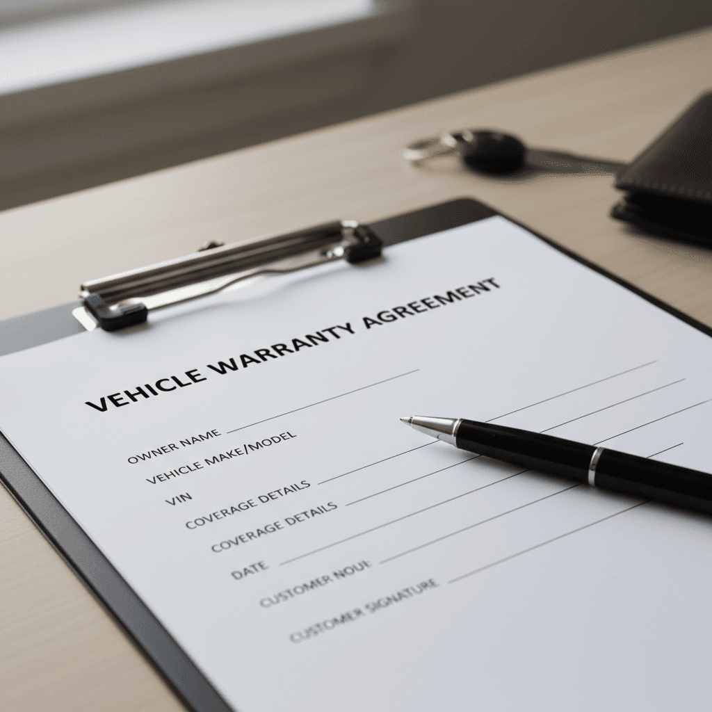 close up of clipboard with vehicle warranty document and pen