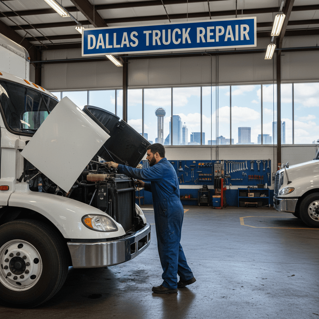two mechanics working under hood of delivery truck in dallas repair shop