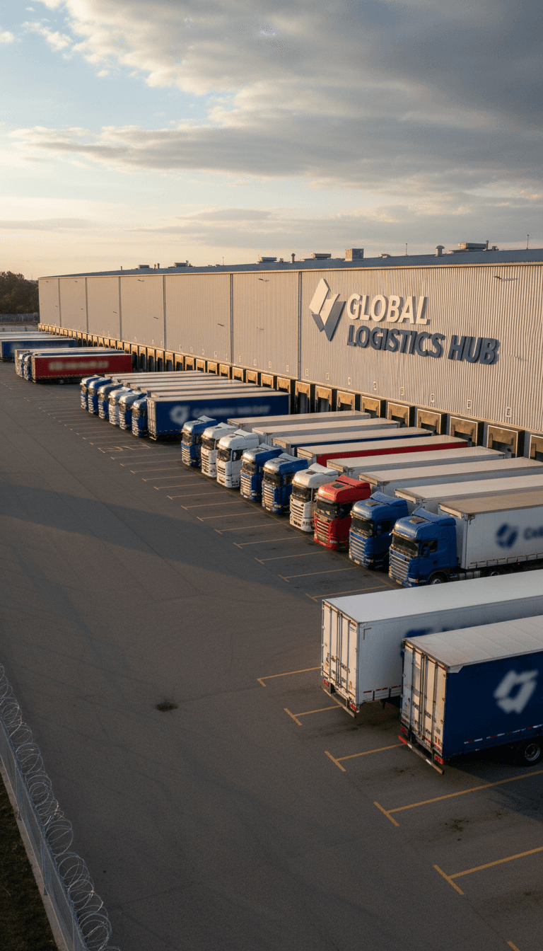 Fleet of commercial trucks parked at a logistics yard