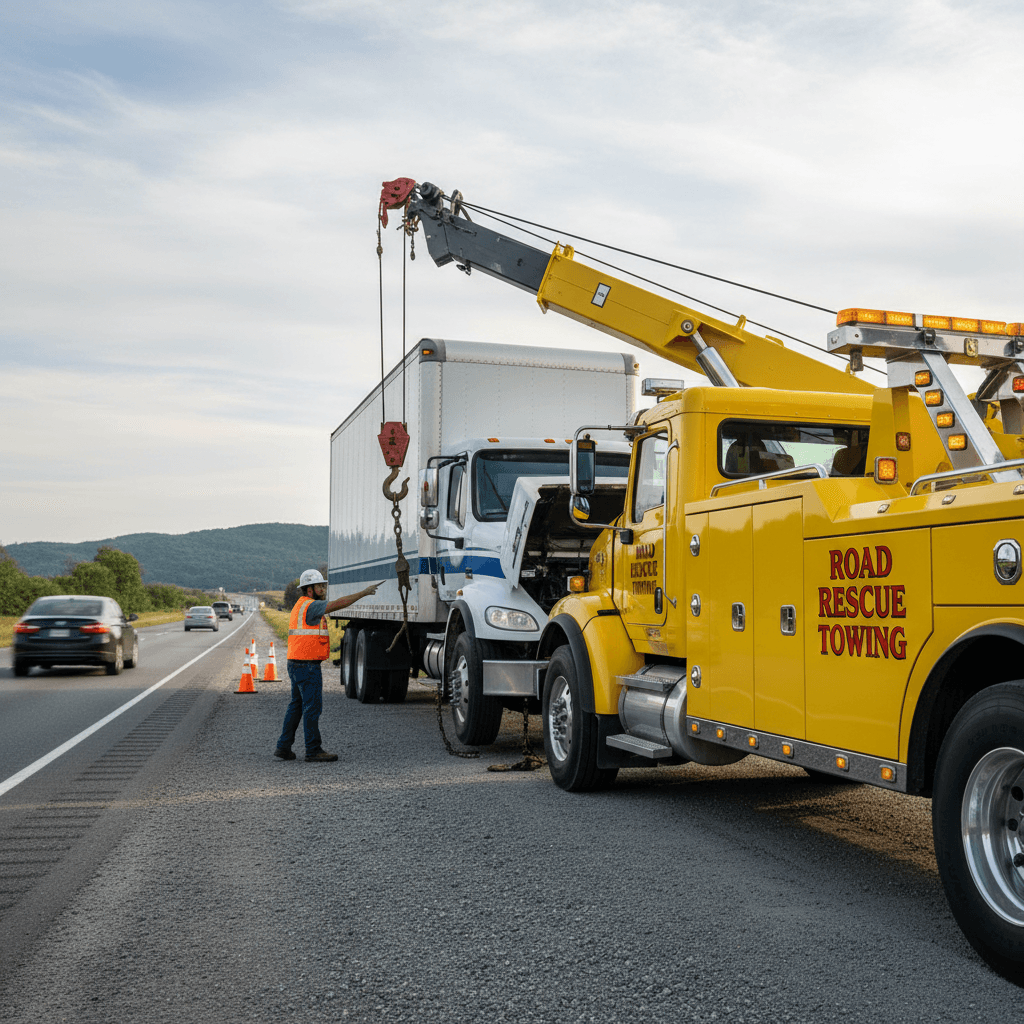 tow truck hooking up to commercial box truck on side of road