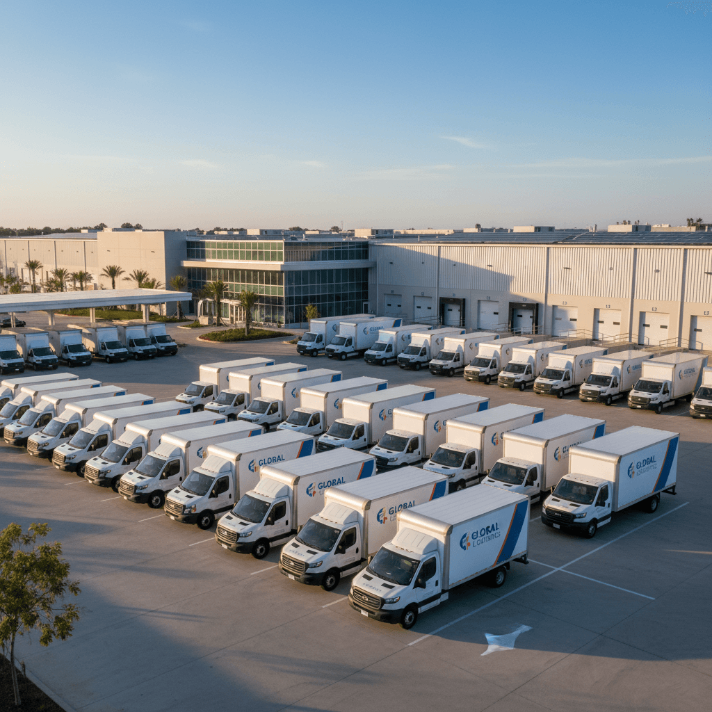 Fleet of cargo vans and box trucks side by side