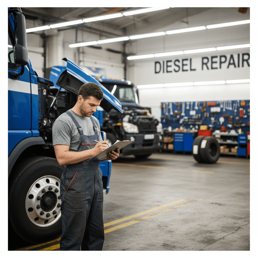 mechanic reviewing clipboard next to commercial truck in service bay