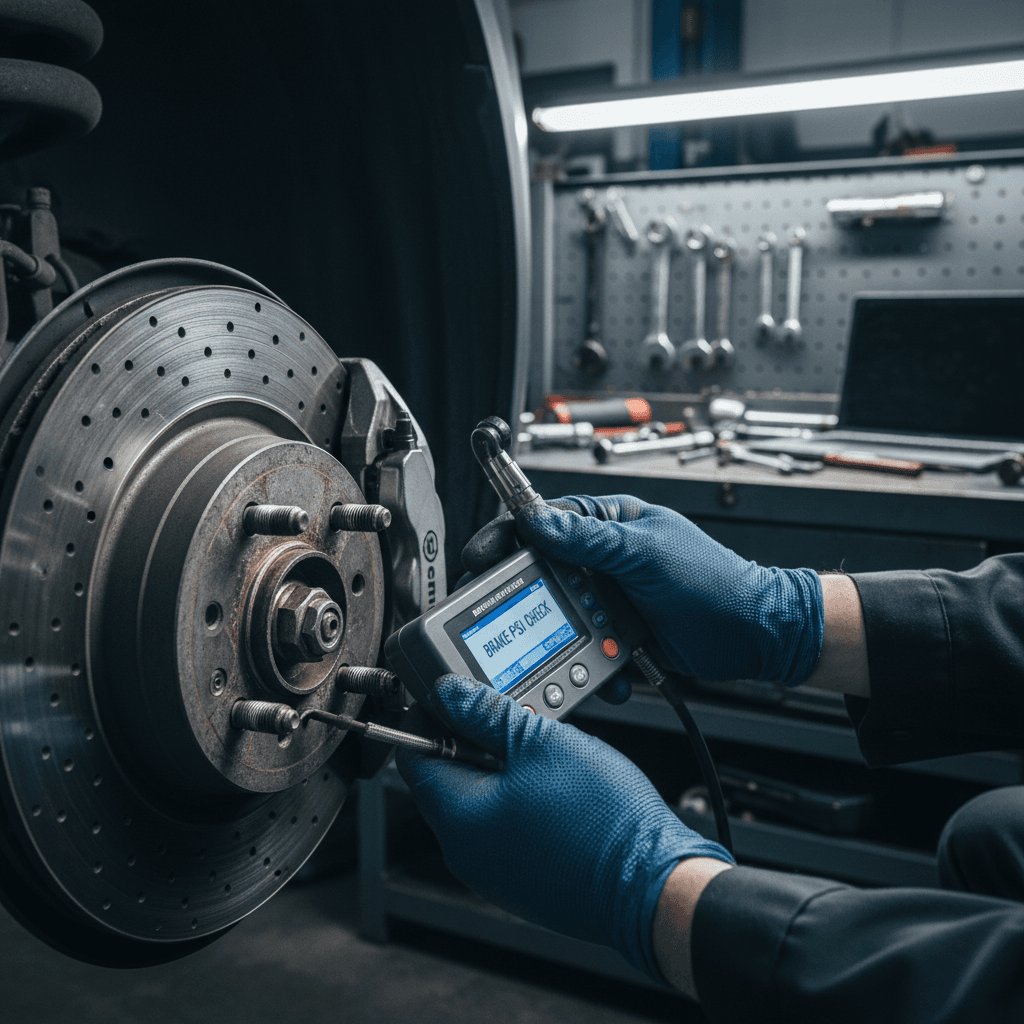 Mechanic inspecting truck wheel