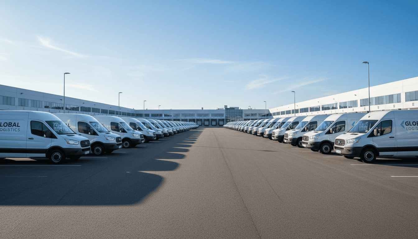 Row of commercial trucks parked at a leasing lot