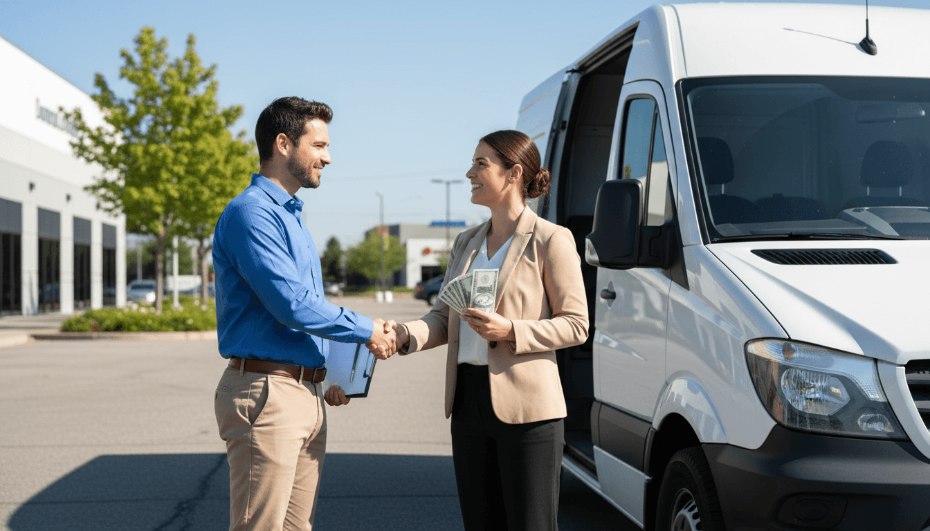 Business handshake at a truck leasing facility
