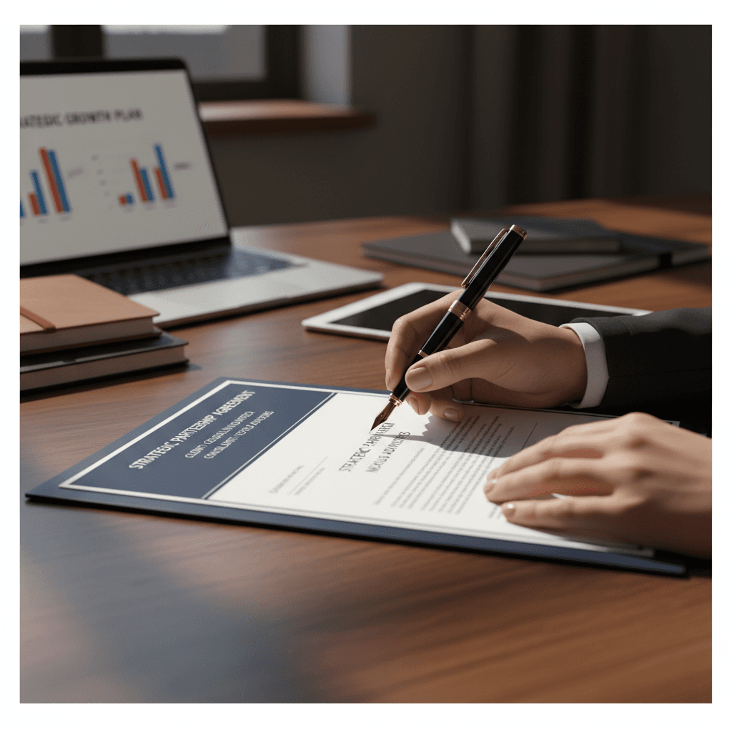 Person signing contract at desk